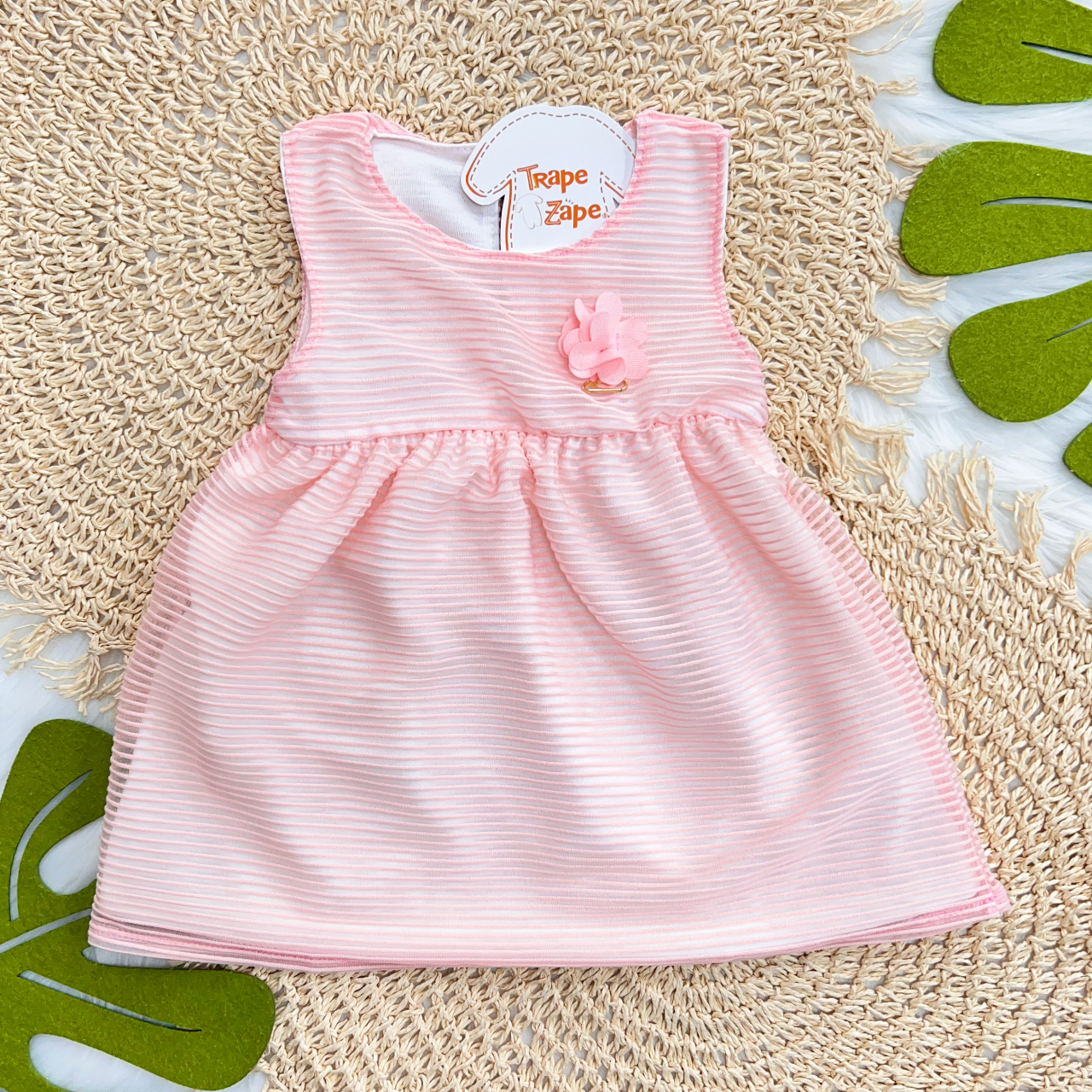 Vestido Canelado com Tule e Florzinha - Rosa